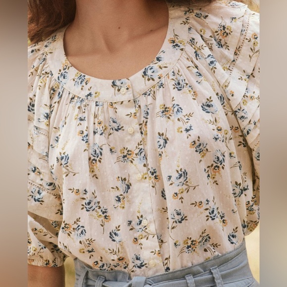 THE GREAT. The Carriage pintucked Floral Cotton-voile Puff Sleeve Blouse - Picture 10 of 11